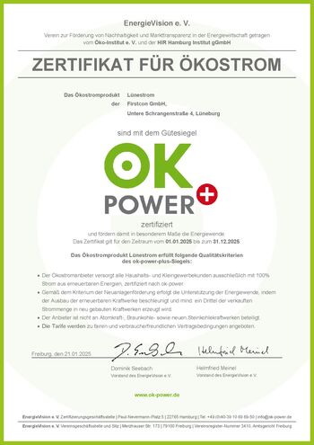 Zertifikat für Ökostrom - Lünestrom ist mit dem Gütesiegel ok-power+ zertifiziert