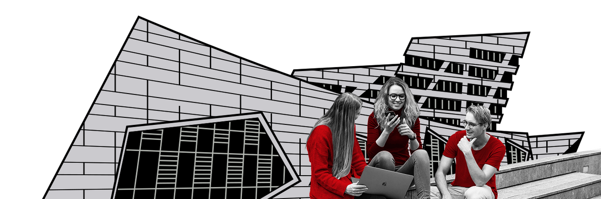 Illustration Liebeskind-Bau Leuphana Lüneburg mit drei Studierenden im Vordergrund